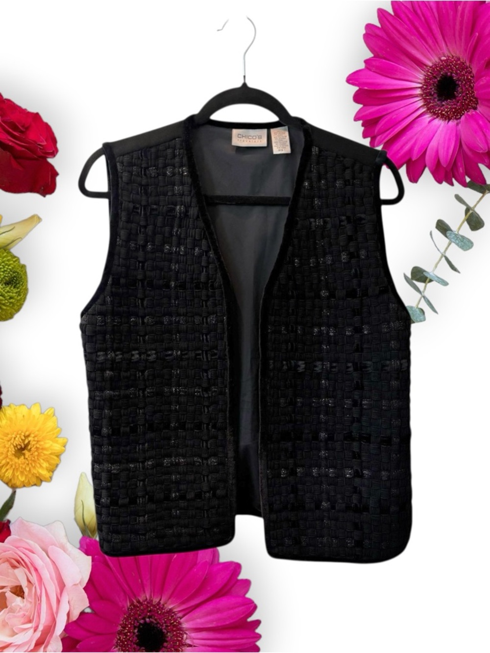 Chico's Vintage Black Velvet Weave Metallic Threads Textured Open-Front Vest